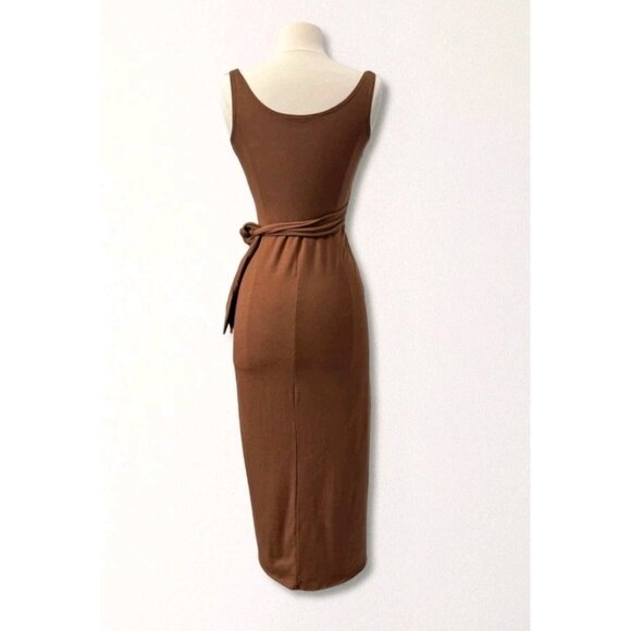 Reformation Womens M Brown Kalia Wrap Midi Dress Sleeveless Bodycon Tie Waist - Picture 3 of 10